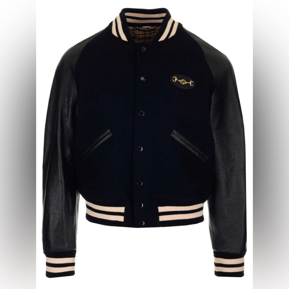 SOLD Gucci Interlocking G Horsebit Panelled Bomber Leather Jacket In Black